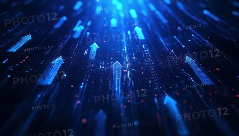 Dark Blue Abstract Showcasing Business Arrow Up Growth And Investment Technology, Depicting Trade Growth Towards Success With Financial Data Graphs And Strategies. Ideal For Covers And Posters, AI generated
