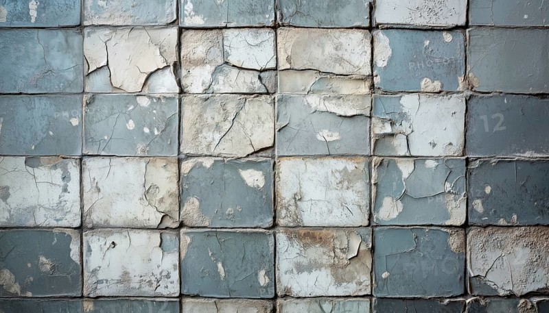 Deteriorating Aesthetic: Chipped Paint On Tiled Wall With Rough Grunge, Cracks, And Smudges, Creating A Distressed Look With Cracked Tiles, AI generated