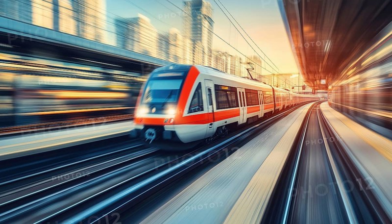 Motion Blur Effect Transportation: City Train Drives On Railroad At The Platform Train Station On A Sunny Day, Captured In Action, AI generated