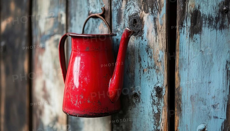 Rustic Wooden Wall Decor Featuring A Vintage Red Jug Hanging, Adding A Touch Of Charm And Nostalgia To Any Space, AI generated