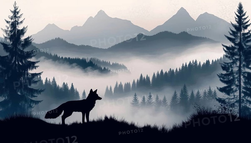 Majestic Fox Standing On Hill In Misty Landscape With Mountains And Forest - Magical Gray Silhouette Of Animal Amidst Trees, AI generated