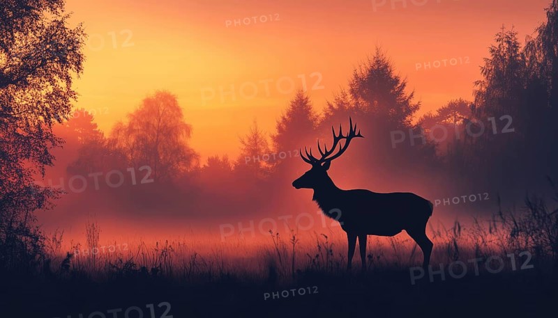 Ethereal Deer Silhouette On Meadow In Enchanted Forest: Magical Misty Landscape With Trees, Grass, And Fog In Orange, Black, And Pink, AI generated