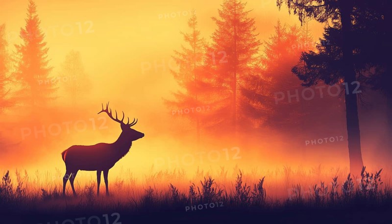 Silhouette Of Deer Standing In Meadow In Forest: Animal, Trees, Grass. Magical Misty Landscape With Fog. Orange, Black, And Pink Bookmark, AI generated