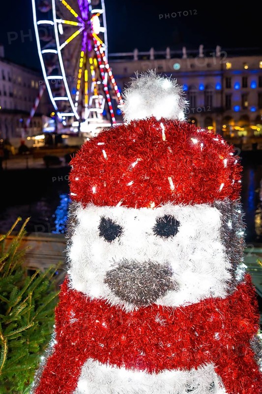 Festive penguin decoration adds a touch of magic to the christmas market in bayonne, france, with a ferris wheel twinkling in the background