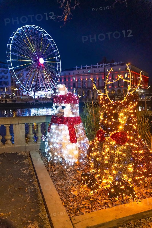 Luminous christmas decorations featuring a reindeer and a penguin stand by the nive river with a brightly lit ferris wheel and bayonne city hall in the background