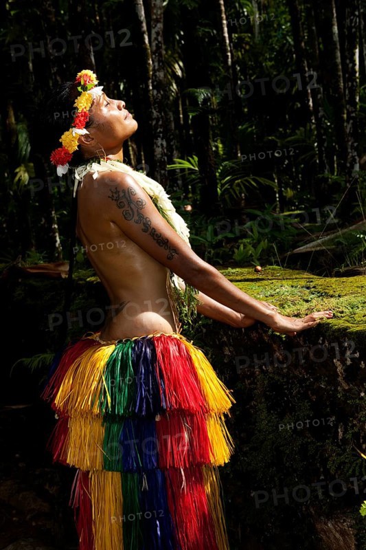 Young woman in traditional traditional costume enjoying the sun, Yap Island, Yap State, Caroline Islands, FSM, Federated States of Micronesia, Australia, Oceania