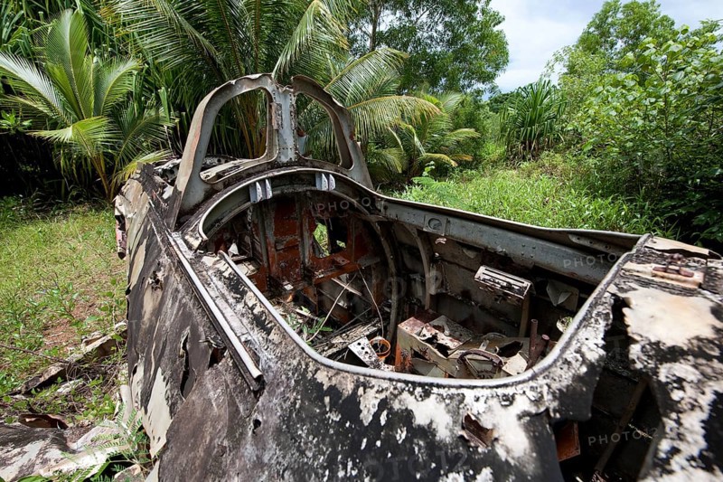 Aircraft wreckage of US Air Force 1944 in air raid on former Japanese Colonia Airfield destroyed Japanese fighter plane Nakajima B5N2 Kate torpedo bomber of Imperial Japanese Navy (IJN) from World War II on Yap Island, Yap State, Caroline Islands, FSM, Federated States of Micronesia, Australia, Oceania