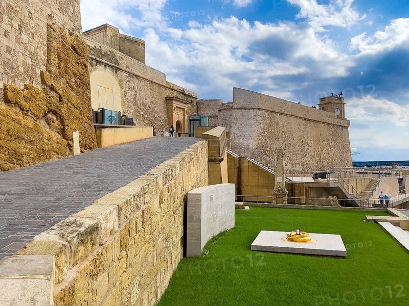 Left staircase to Tor tor of Cittadella Citadel of Gozo, bottom right monument to Ottoman invasion, Victoria, Gozo, Malta