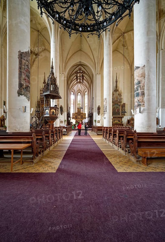Historic Catholic parish church of St. Nicholas and Elisabeth with the pulpit, interior, interior, church square, Cheb, Cheb, Egerland, Bohemia, Czech Republic, Czech Republic