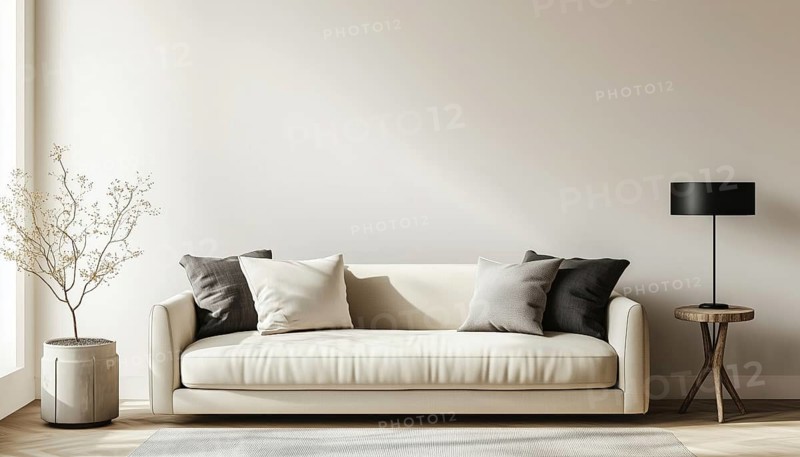 Sophisticated Living Room Interior Featuring Table Lamp Above Beige Sofa And Side Table On Empty Wall Rendering, AI generated