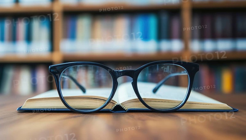 Education: Close-Up Shot Of Eyeglasses Resting On Wooden Desk Next To Book In Library, Symbolizing Learning And Knowledge Acquisition, AI generated