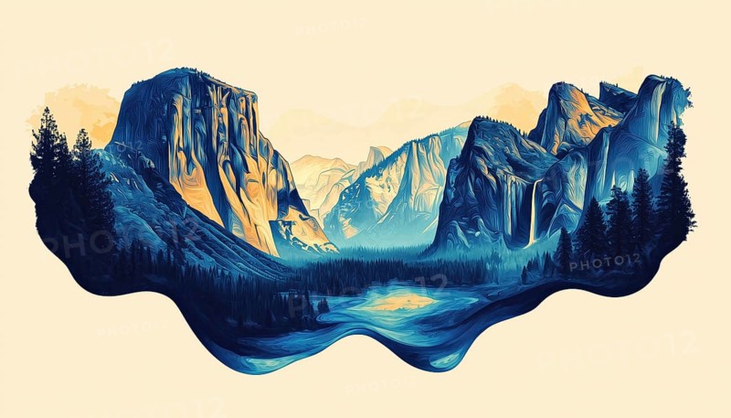Captivating Yosemite National Park Artwork For Badges, T-Shirts, And Tees: A Unique Collection Of Abstract Designs. Enhance Your Wardrobe With Nature, AI generated