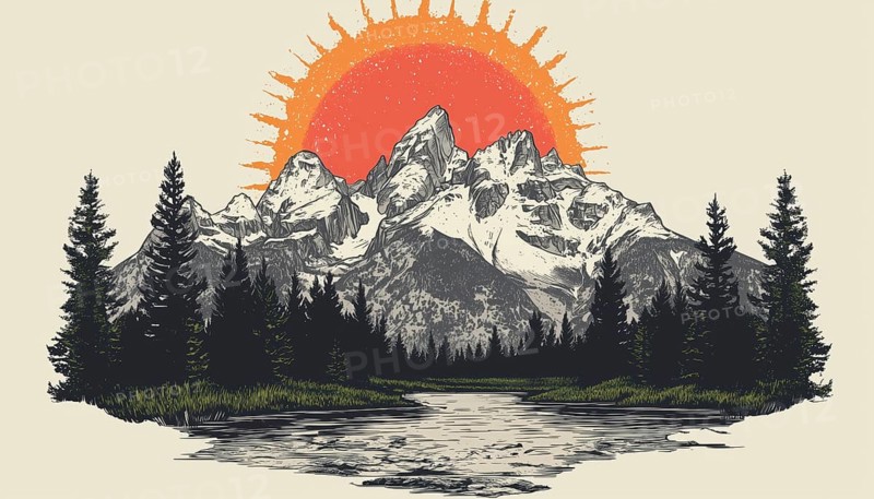 Vintage Art Of Grand Teton, Wyoming For Badges, Patches, T-Shirts, And Stickers: Unique Souvenirs Of A Beautiful Landscape In The Wild West, AI generated