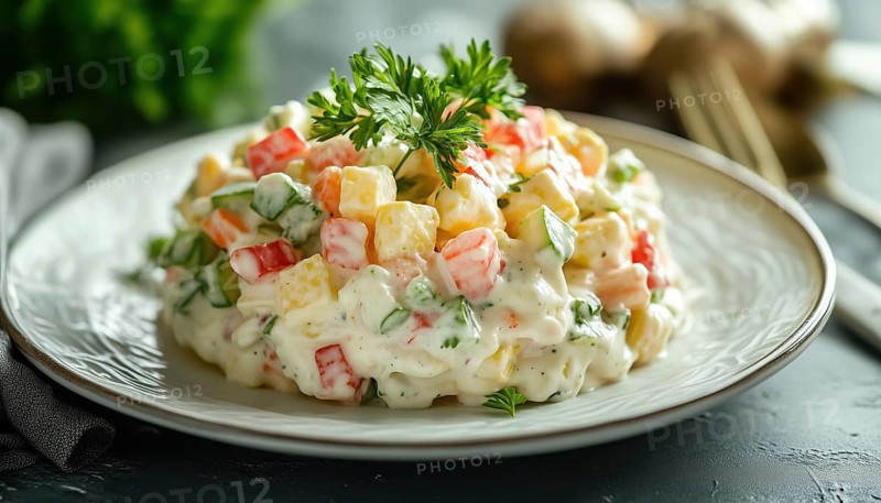 Close-Up Side View Of The Festive Traditional Olivier Salad Served On A White Plate. Classic Presentation Of This Delicious Dish, AI generated