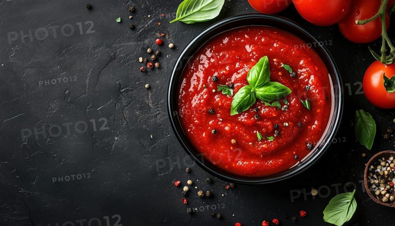 Classic Italian Tomato Sauce With Fresh Basil And Peppercorns On A Dark Background With Ingredients. Marinara Sauce. View From Above With Space For Text, AI generated