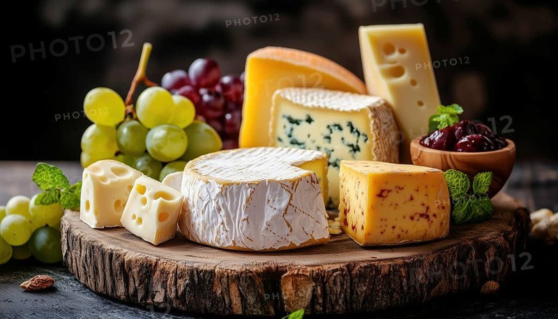 Assortment Of Cheese And Grapes On A Wooden Platter: Side View Featuring Various Types Of Cheese And Fresh Grapes, AI generated