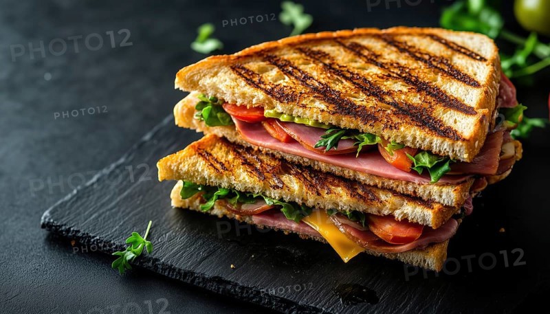 Delicious Grilled Ham And Vegetables Double Sandwich On Dark Background With Cheese. Fast Food Concept With Copy Space, AI generated