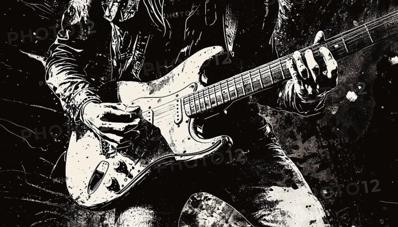 Monochrome Rockstar Musician Guitar And Drum In Mezzotint Photocopy Effect For Grunge Punk Y2k Collage: Guitarist Vocalist Retro Elements In Brutalist Vintage Music Poster, AI generated