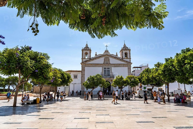 The historic centre of Lagos, Praça Infante D. Henrique square, at the Igreja de Santa Maria de Lagos church, in the west of the Algarve, Portugal