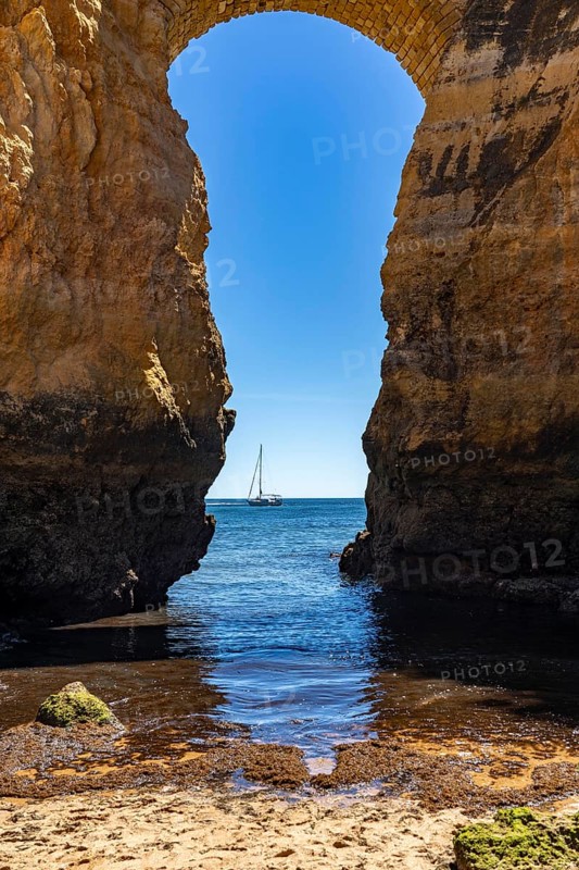 Beaches on the rocky coast of Ponta da Piedade, rugged coastal landscape, right next to Lagos town centre, in the west of the Algarve, Portugal