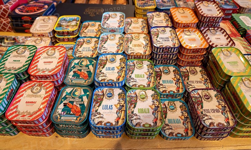 Comur sardines and other tinned fish products, popular souvenir from Portugal, flagship store, in Farm, Algarve, Portugal