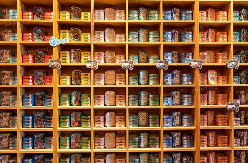 Comur sardines and other tinned fish products, popular souvenir from Portugal, flagship store, in Farm, Algarve, Portugal