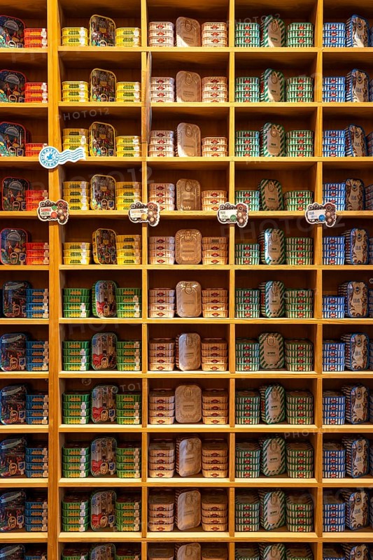 Comur sardines and other tinned fish products, popular souvenir from Portugal, flagship store, in Farm, Algarve, Portugal