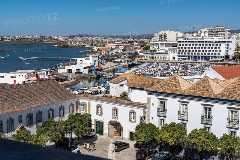 View over the roofs of the Paço Episcopal de Faro, the historic residence of the Bishop of the Algarve, from Faro to the harbour, Algarve, Portugal