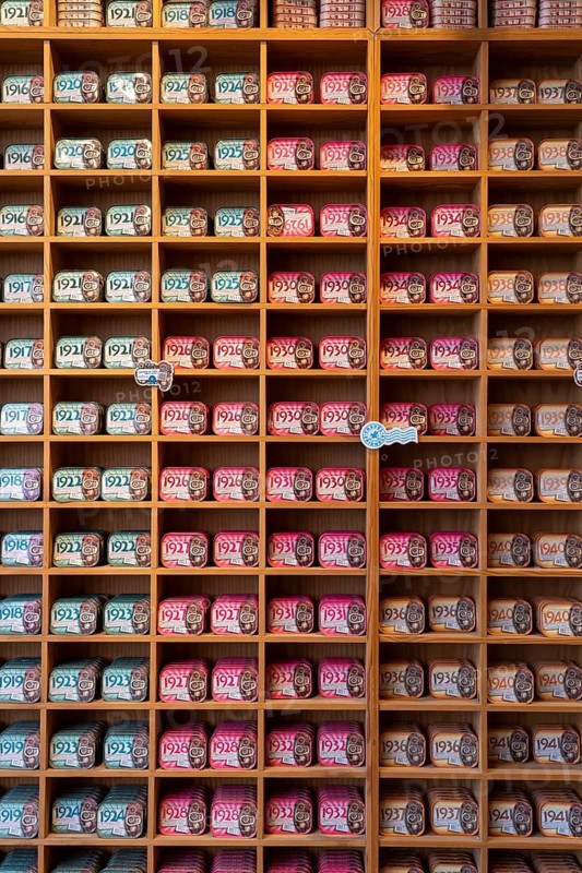 Comur sardines and other tinned fish products, popular souvenir from Portugal, flagship store, in Farm, Algarve, Portugal