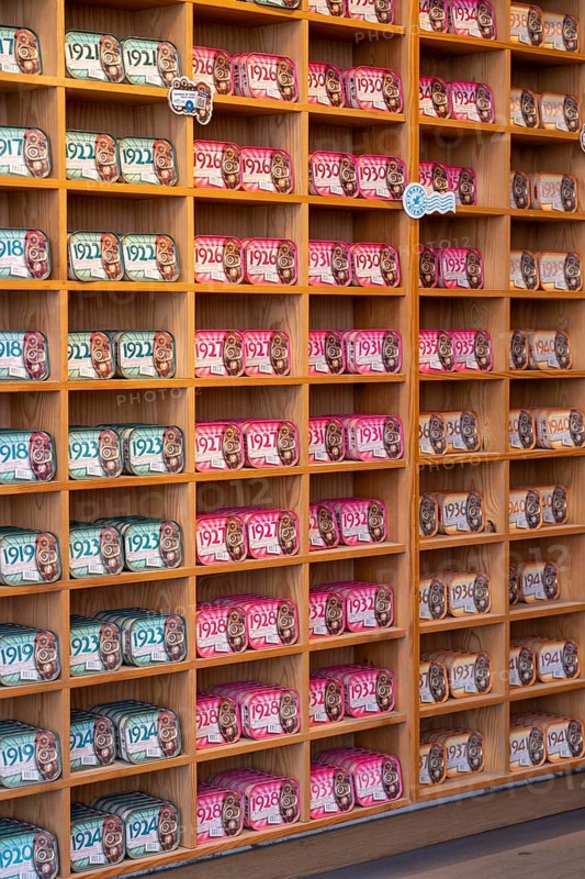 Comur sardines and other tinned fish products, popular souvenir from Portugal, flagship store, in Farm, Algarve, Portugal
