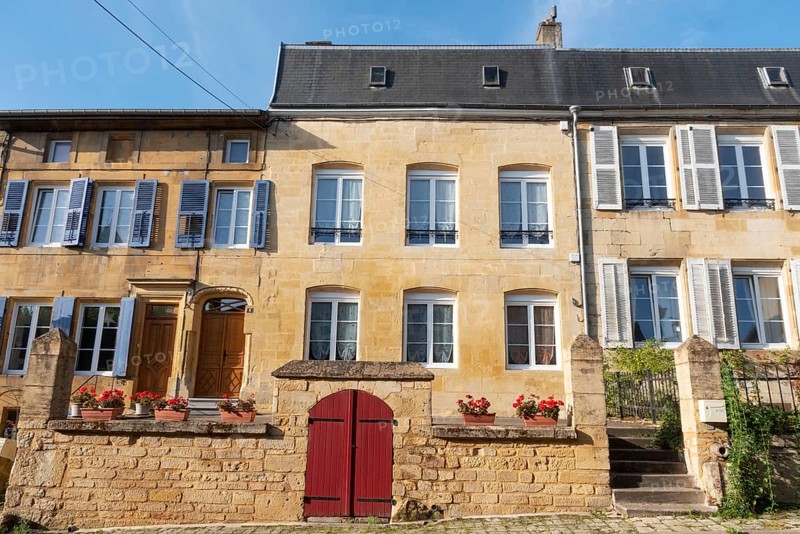 Renovated house facade, historic building, yellow sandstone, Marville, Renaissance village, Département Meuse, Grand Est, France