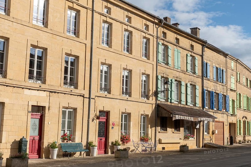 Row of streets with historic, renovated buildings, Marville, Renaissance village, Département Meuse, Grand Est, France