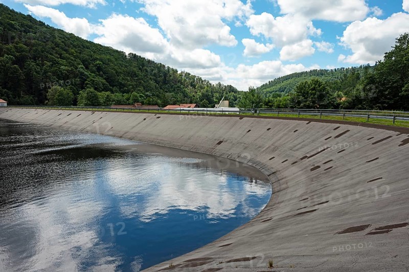 Reservoir of the river Oder below the Oder reservoir with reflection of the sky with clouds, dam for the extraction of electricity, Bad Lauterberg, Lower Saxony, Germany, Harz Mountains