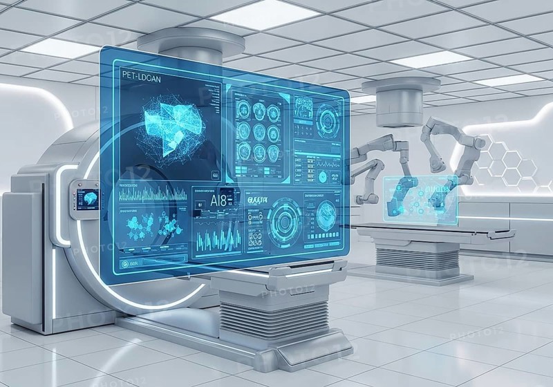 High-tech medical imaging lab with two PET-CT scanners, robotic arms, and a large holographic display showing detailed anatomical scans and data.AI Generated