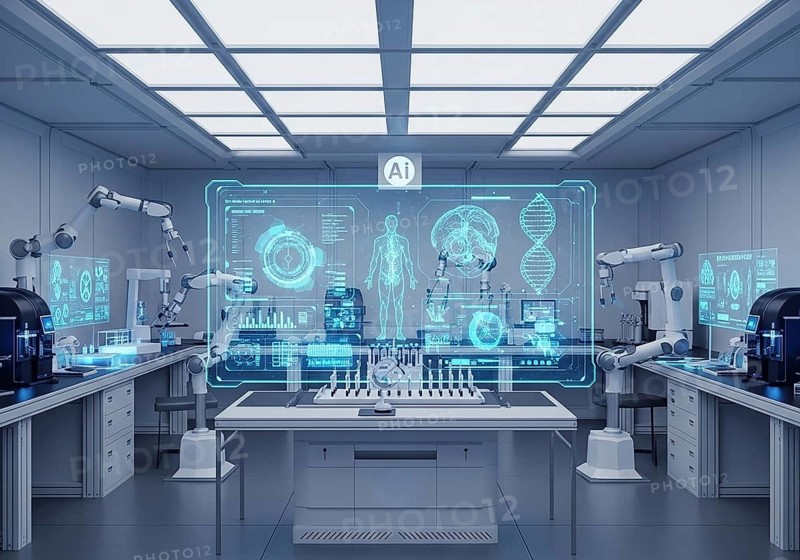 High-tech medical imaging lab with two PET-CT scanners, robotic arms, and a large holographic display showing detailed anatomical scans and data.AI Generated