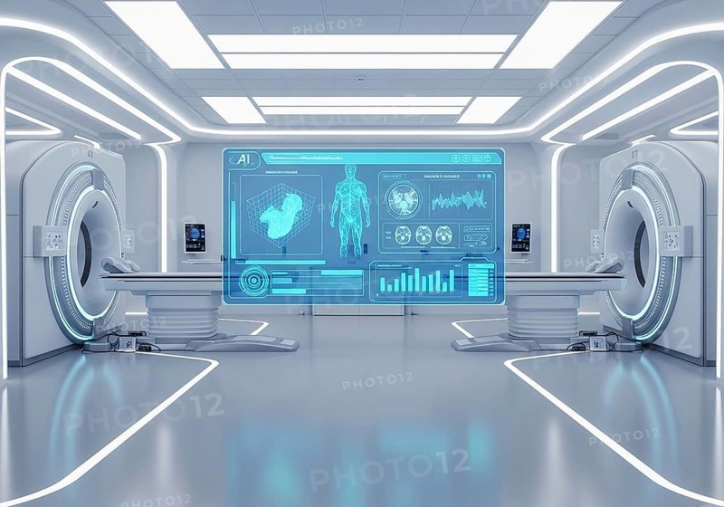 High-tech medical imaging lab with two PET-CT scanners, robotic arms, and a large holographic display showing detailed anatomical scans and data.AI Generated