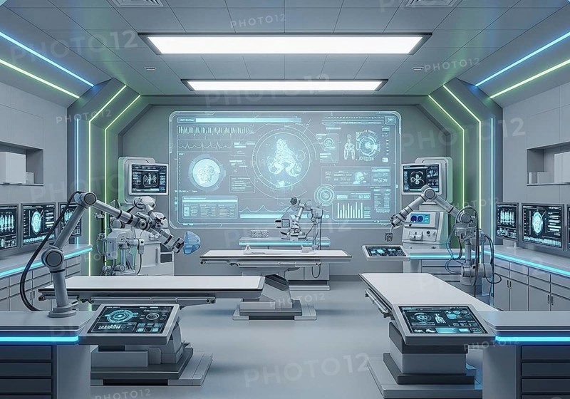High-tech medical imaging lab with two PET-CT scanners, robotic arms, and a large holographic display showing detailed anatomical scans and data.AI Generated