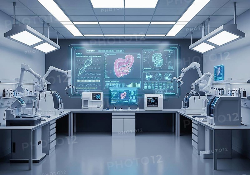 High-tech medical imaging lab with two PET-CT scanners, robotic arms, and a large holographic display showing detailed anatomical scans and data.AI Generated