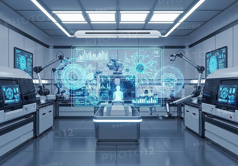 High-tech medical imaging lab with two PET-CT scanners, robotic arms, and a large holographic display showing detailed anatomical scans and data.AI Generated