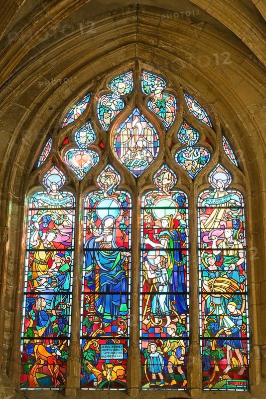Colourful stained glass windows, Saint-Nicolas church, Marville, Renaissance village, Département Meuse, Grand Est, France