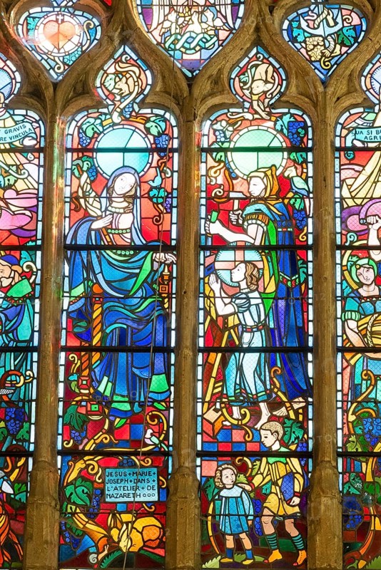 Colourful stained glass windows, Saint-Nicolas church, Marville, Renaissance village, Département Meuse, Grand Est, France