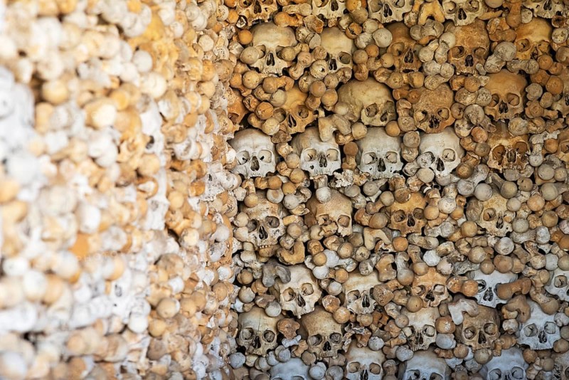 Skulls, skeletons, ossuary, Saint-Hilaire cemetery, Marville, Renaissance village, Département Meuse, Grand Est, France