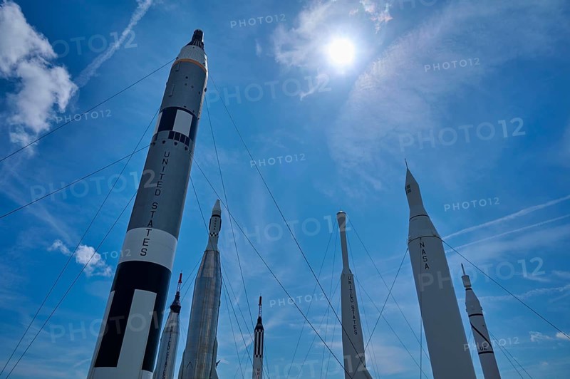 Rockets in a formation under bright sunshine and blue sky, Kennedy Space Centre Visitor Complex, Merritt Island, Florida, USA