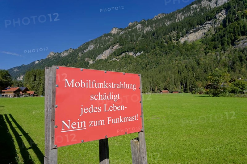 Sign mobile radio radiation, citizen criticism, criticism, mobile radio, Graswang, Graswangtal, Ettaler Weidemoos, moss, wetland biotope, Oberammergau, Catholic, Ammergau, Ammergau Alps, Upper Bavaria, Garmisch-Partenkirchen, Alps, Bavaria, holiday, holiday region, active holiday, recreation, holiday, summer holiday, holiday region, Germany