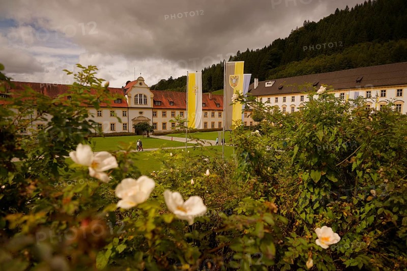 Ettal Monastery, Benedictine Abbey, inner courtyard, Upper Bavaria, Bavaria, Garmisch-Partenkirchen, Germany