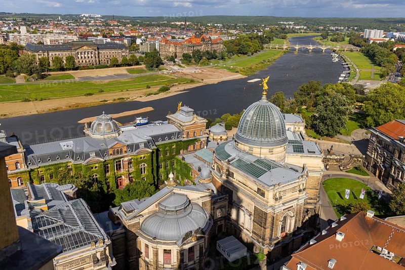 View from the lantern of the Church of Our Lady over the Academy of Fine Arts across Brühl's Terrace into the Elbe Valley, Dresden, Saxony, Germany