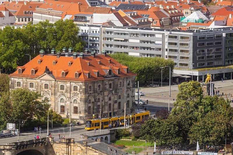 View from the lantern of the Church of Our Lady. Neustädter market with Augustus Bridge, DVB tram, Blockhaus and Golden Horseman, Dresden, Saxony, Germany