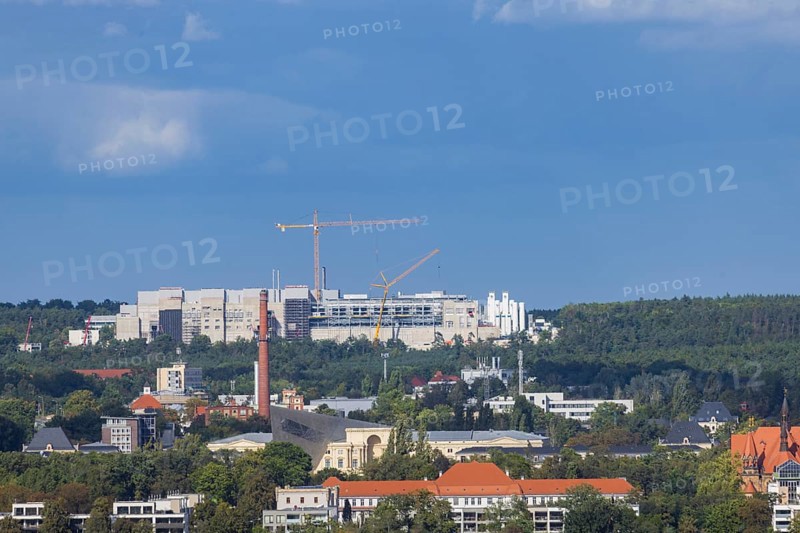 View from the lantern of the Church of Our Lady to the extension of the Infineon chip factory in the north of Dresden, Dresden, Saxony, Germany