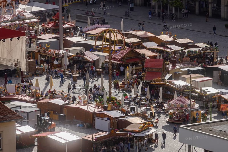 View from the lantern of the Church of Our Lady to the autumn market on the Altmarkt, Dresden, Saxony, Germany