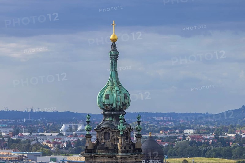 View from the lantern of the Church of Our Lady to the tower of the Hofkirche into the Elbe valley, Dresden, Saxony, Germany